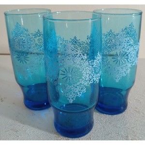 Set of 3 Anchor Hocking MCM Turquoise Chateau Pattern Glass Tumblers